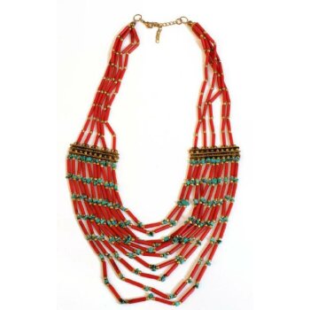 Halskette 10- strängig, korallenrot, grün/ türkise Steine