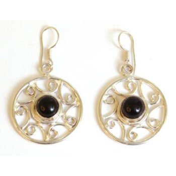 Ohrring, Ornament, Schwarzer Onyx, silberfarben